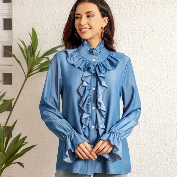 NEW WOMENS RUFFLE FRONT DETAIL TOP - Picture 4 of 5